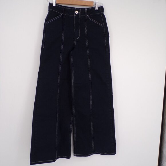 Maeve Anthropologie Wide Leg Pants Dark Blue Contrast Stitching High Waist Sz 25 - Picture 2 of 11